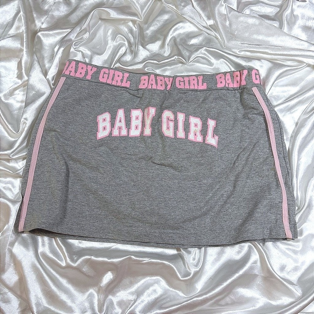 y2k Mini Skirt Gray Good Baby Girl Graphic Rhinestone Sporty Side Stripe XL